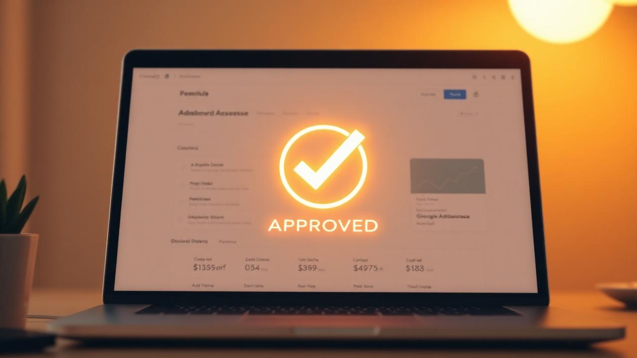 Glowing approved checkmark over a Google AdSense dashboard on a laptop