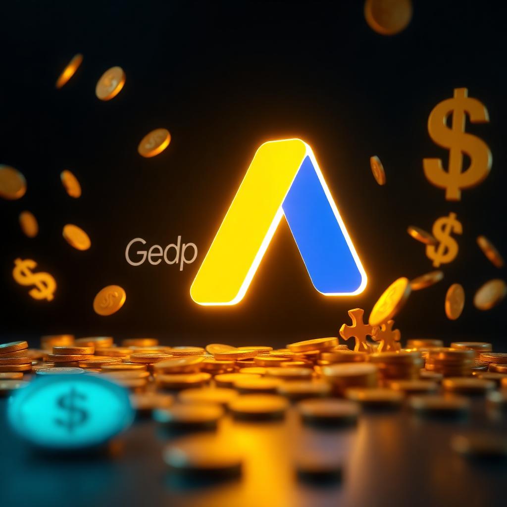 Glowing Google AdSense logo surrounded by gold coins and dollar signs on a dark background