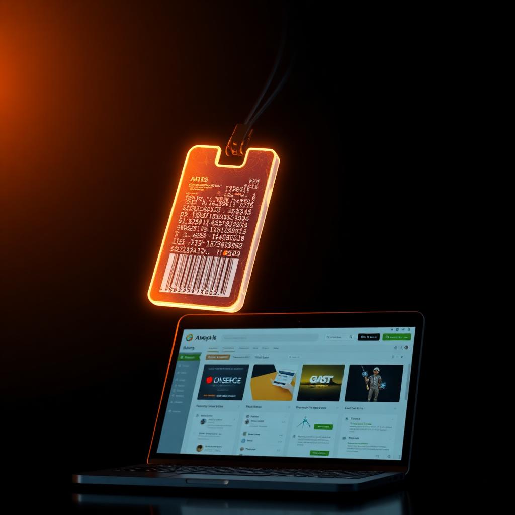 Glowing golden ID card with publisher identifier code above an AdSense dashboard on a laptop
