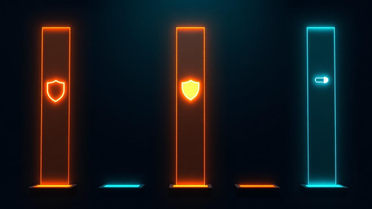 Three glowing vertical comparison columns with shield and toggle icons, representing default privacy settings compared across AI chatbots