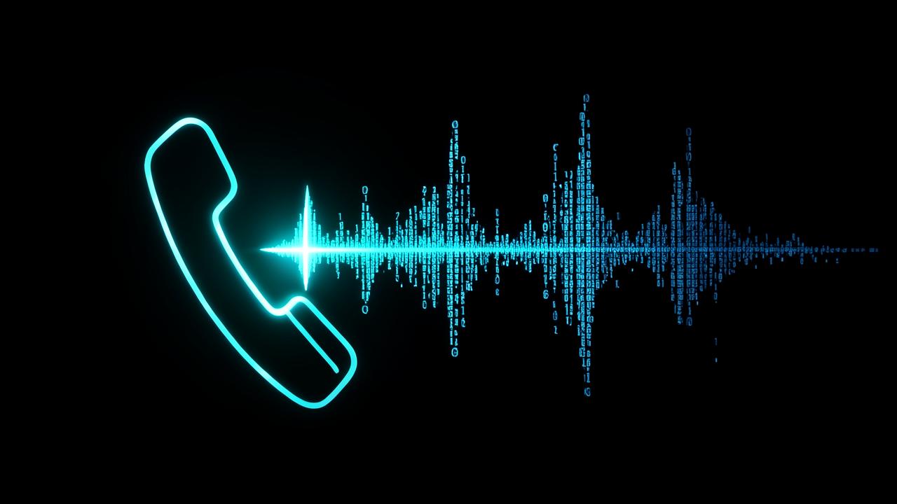 Glowing blue audio waveform morphing into a synthetic face outline on a dark background, representing an AI voice cloning scam call