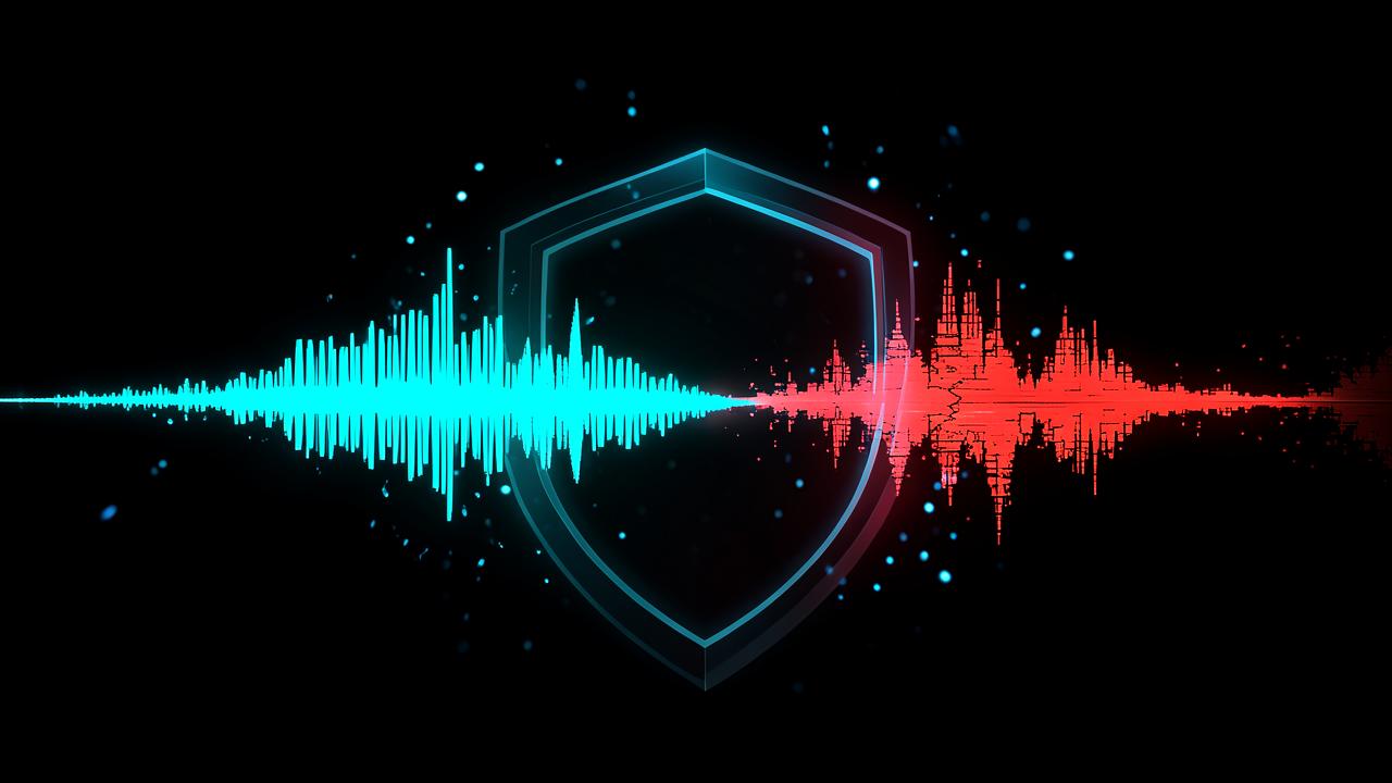 Telephone handset connected to a neural network sphere by glowing sound waves, illustrating deepfake voice fraud on a phone call