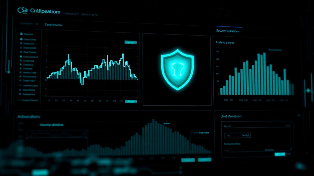 Security operations dashboard with glowing anomaly detection graphs and a shield icon, representing AI-driven threat detection