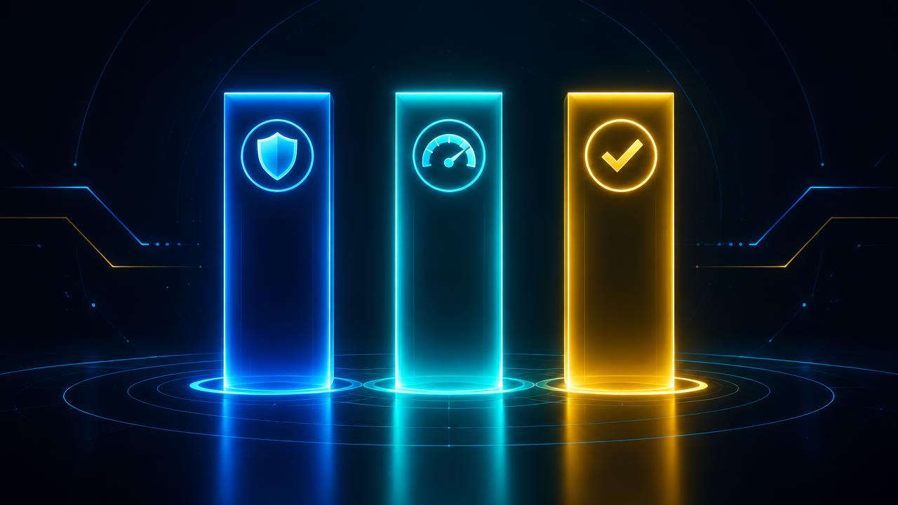 Three glowing pillars with shield, speedometer and checkmark icons, representing lab scores for protection, performance and usability