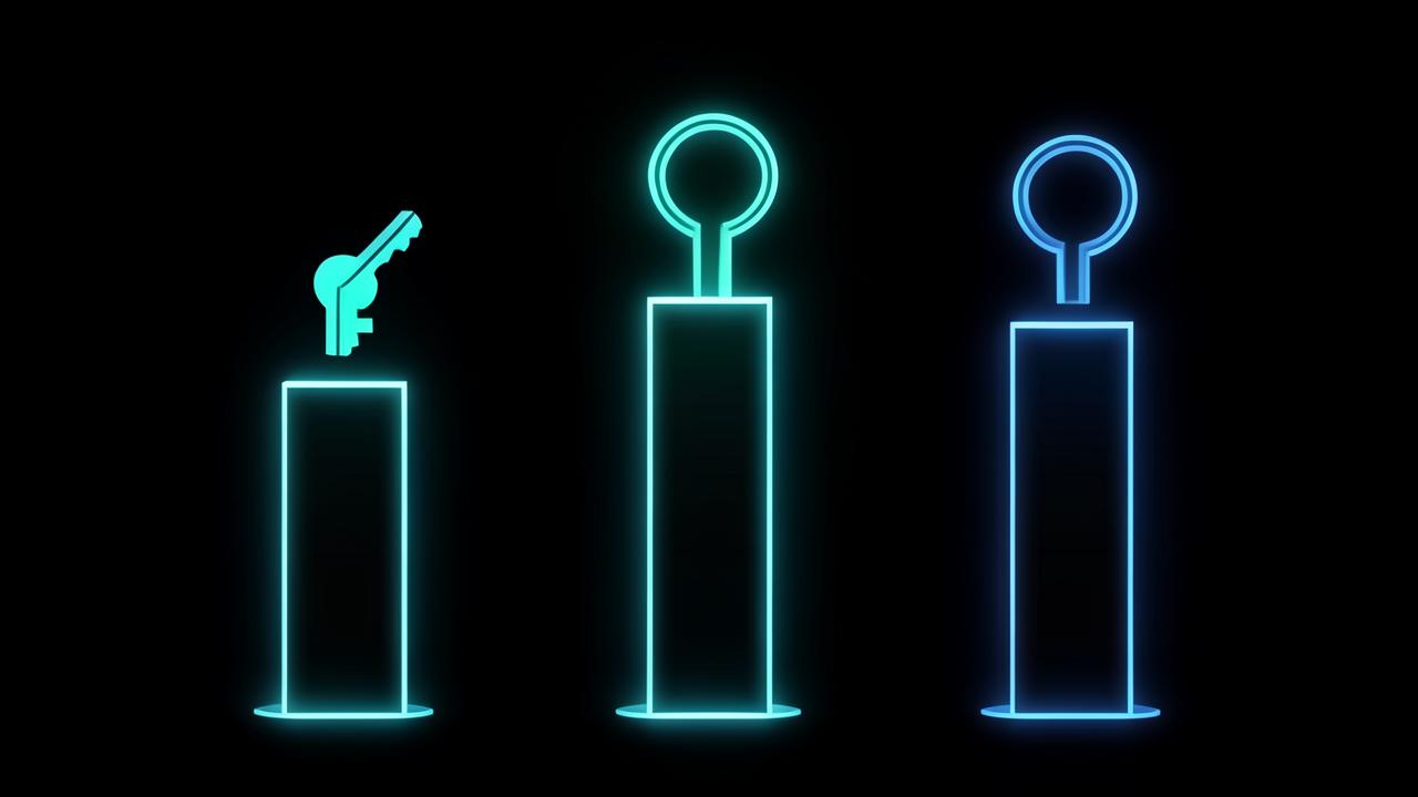 Three ascending glowing tiers labelled as SMS codes, app codes and security keys, ranking two-factor authentication strength
