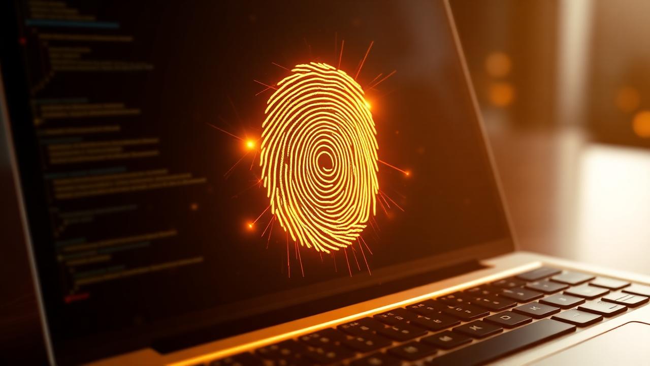 Glowing fingerprint hovering over a laptop screen representing browser fingerprinting