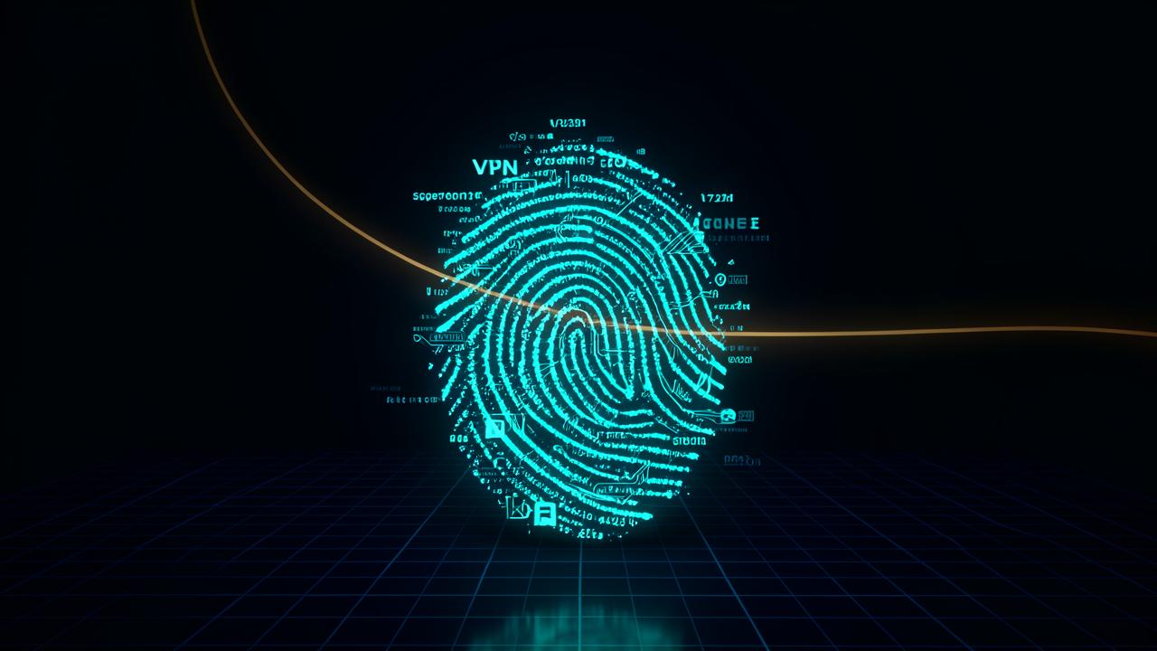 Glowing cyan browser fingerprinting signature made of browser settings and circuit traces, with a VPN tunnel passing behind it unable to hide it