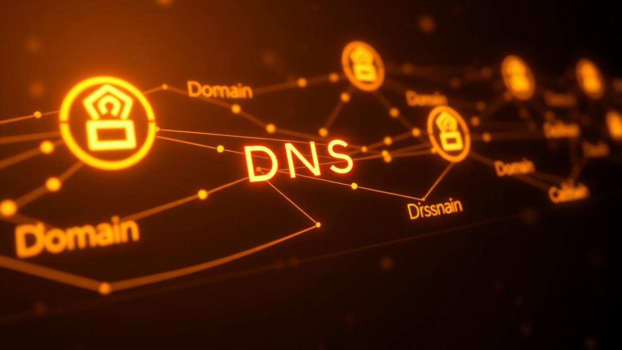 Glowing DNS network flow diagram with domain connections in amber light