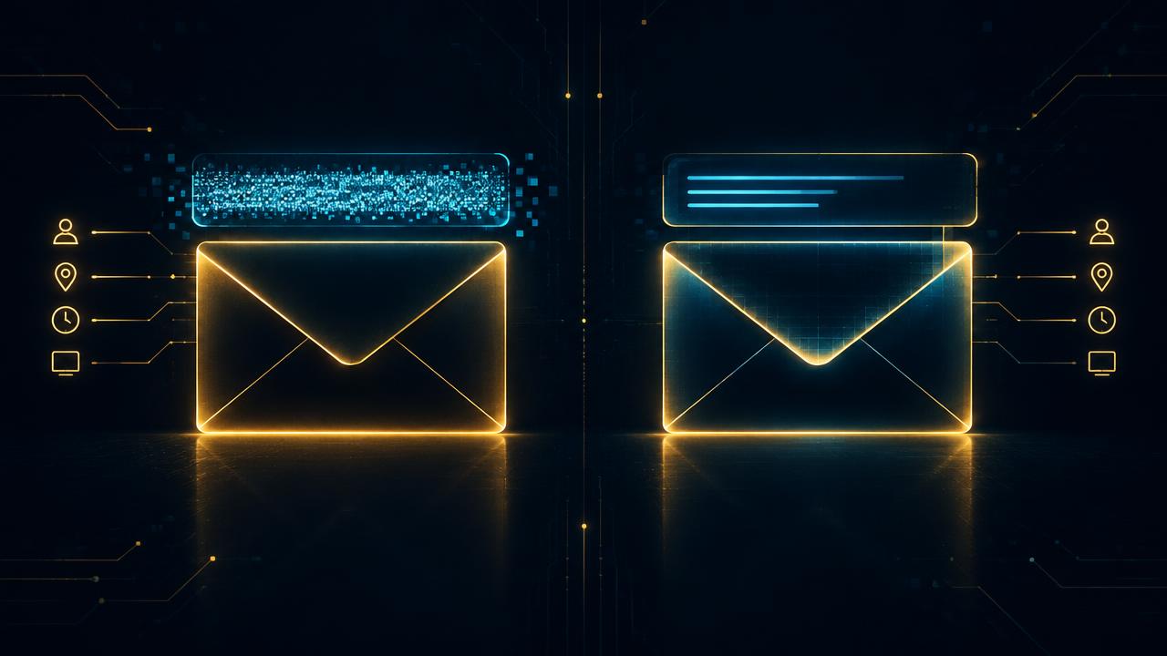 Two envelopes compared, one with an encrypted subject line and one partly visible, showing metadata encryption differences