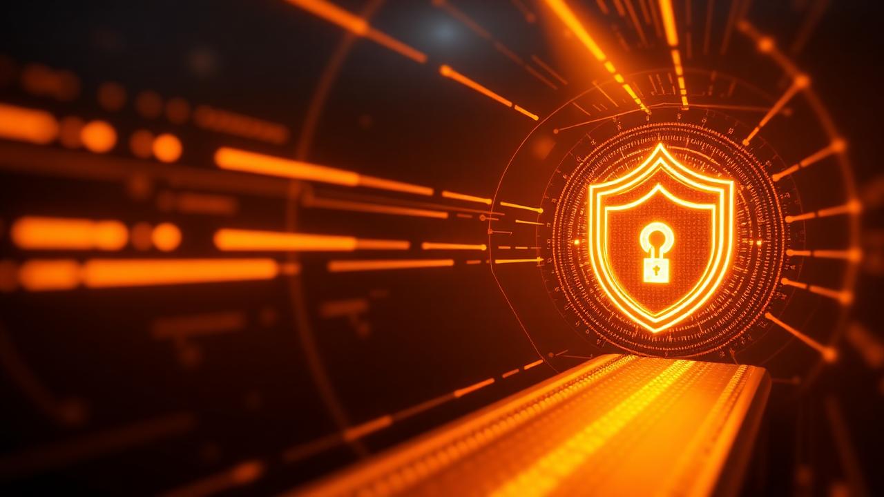 Encrypted golden tunnel with shield representing IP address protection