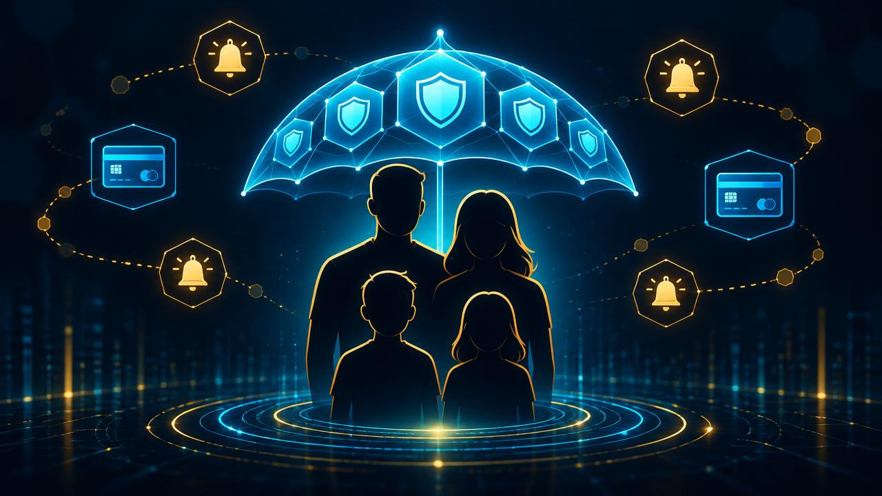 Family silhouettes under a glowing shield umbrella with alert and credit card icons, representing identity theft protection for families
