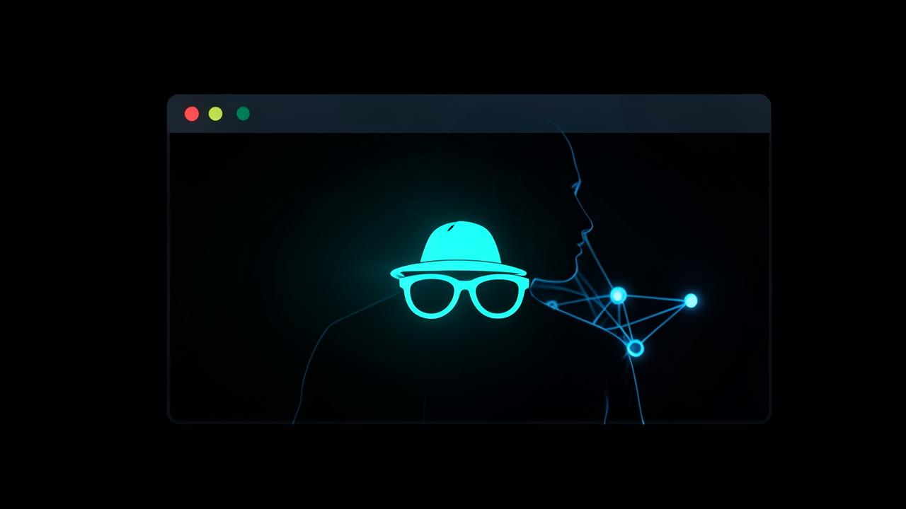Browser window in dark private-browsing mode with a glowing eye watching from behind it, representing whether incognito mode hides you