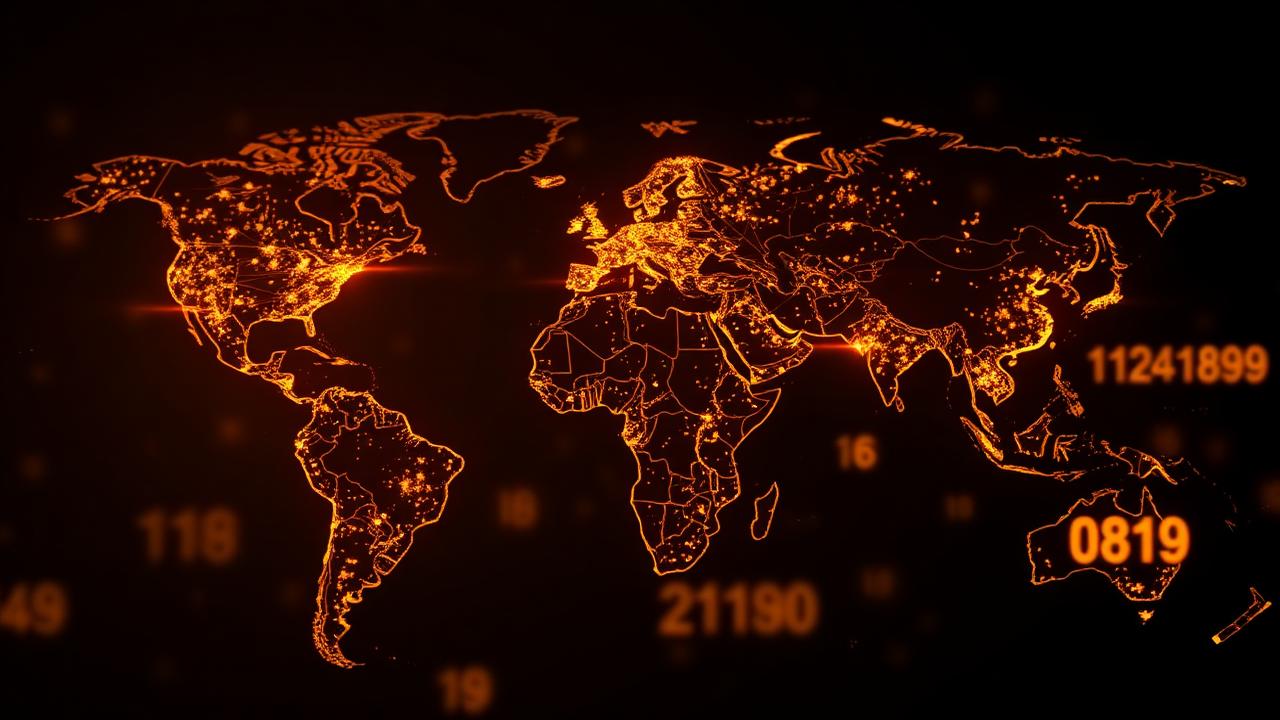 Glowing world map with golden network nodes representing IP addresses