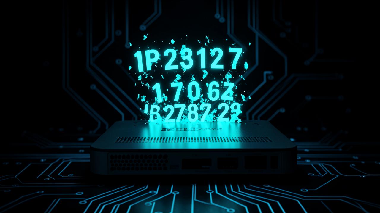 Router emitting glowing blue numeric address labels that cycle and fade, representing why an IP address keeps changing