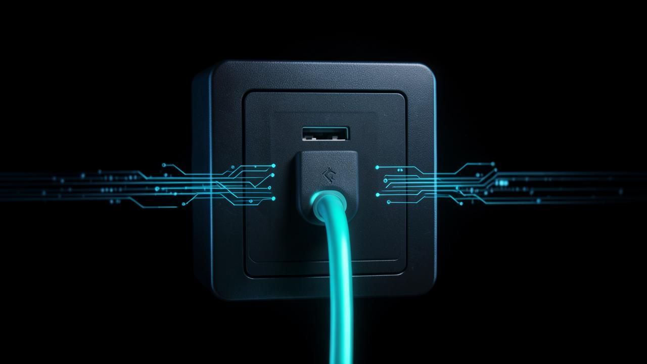 Public USB charging port glowing with data lines flowing into a phone, representing juice jacking from public USB chargers