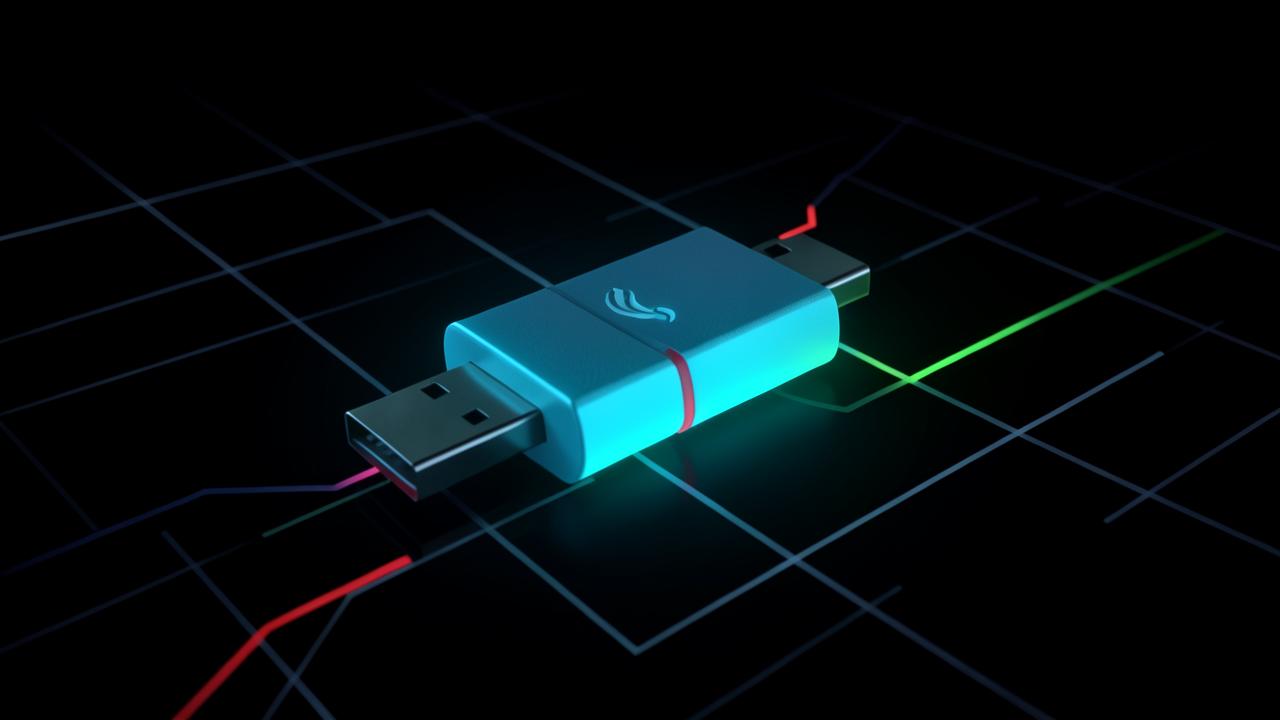 USB data-blocker adapter glowing cyan between a charging cable and a phone, showing how to charge safely at a public USB charger