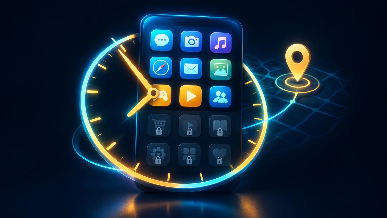 Clock dial around a phone app grid with locked apps and a location pin, showing screen time limits and location sharing