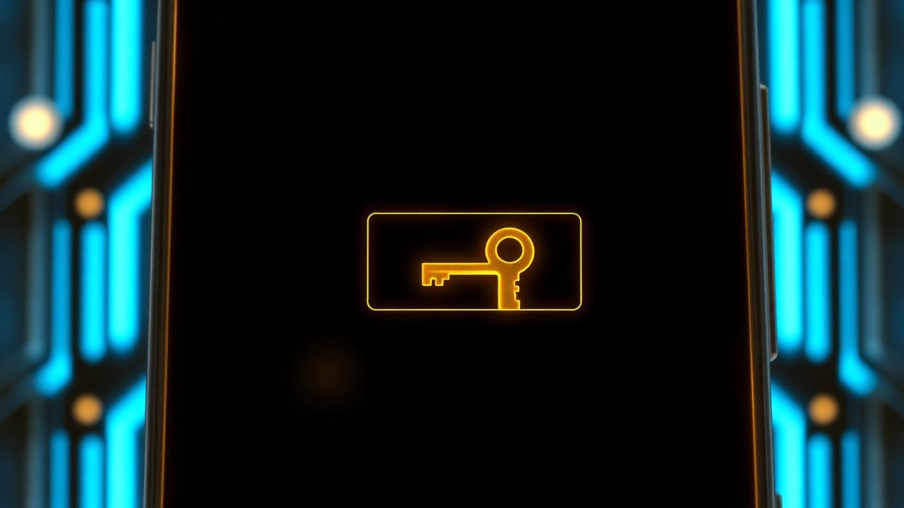 Smartphone showing a golden key icon replacing a password field on a dark background