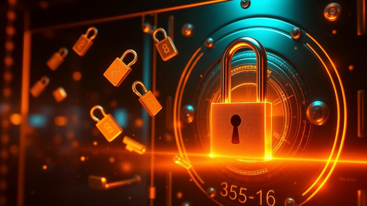 Digital vault with glowing password symbols and golden lock representing a password manager