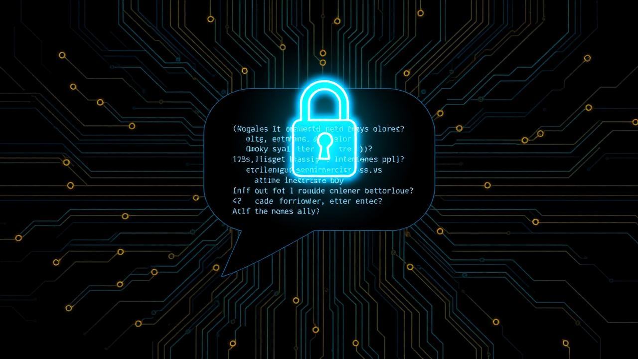 Glowing cyan padlock over a chat bubble filled with source code on a dark circuit board, representing pasting code into ChatGPT