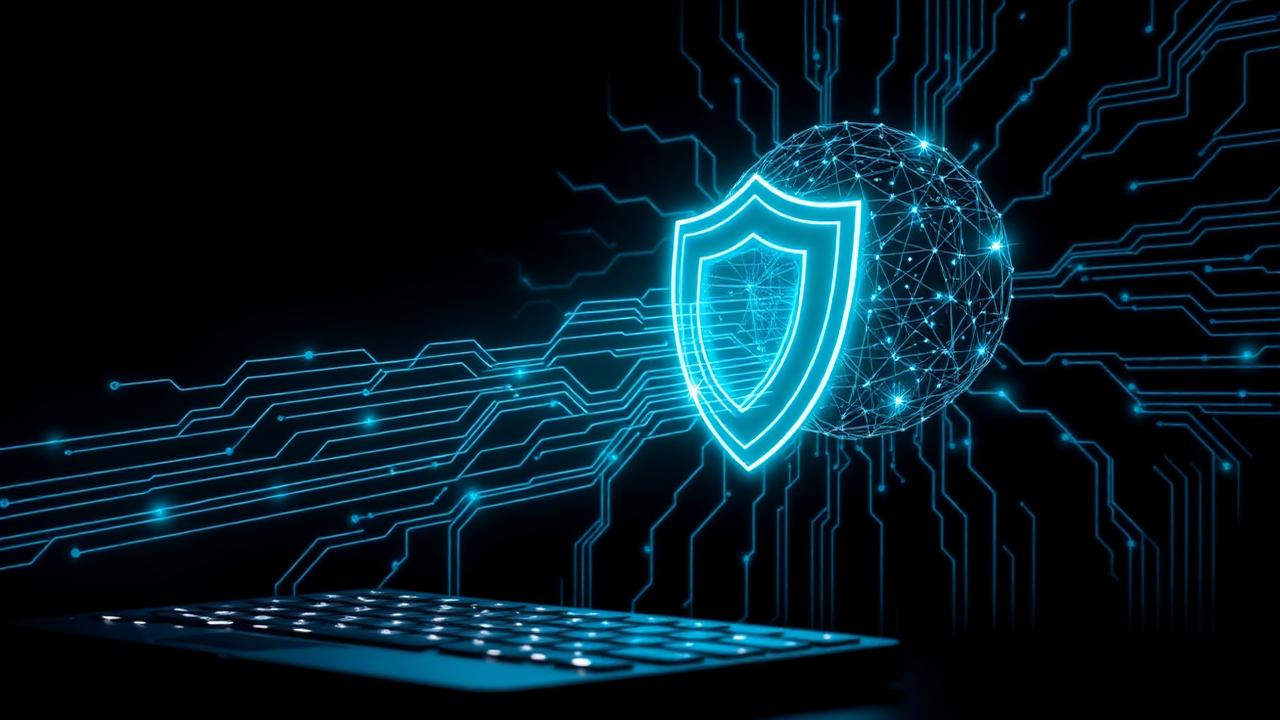 Typed data flowing from a keyboard through a glowing shield into an AI neural network sphere, representing redacting sensitive data before sending it to an AI chatbot
