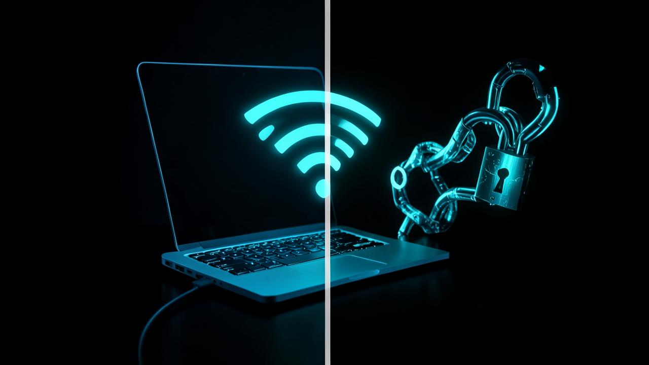 Cafe WiFi symbol split between a glowing red risk zone and a blue protected zone, representing public WiFi myths versus real risk