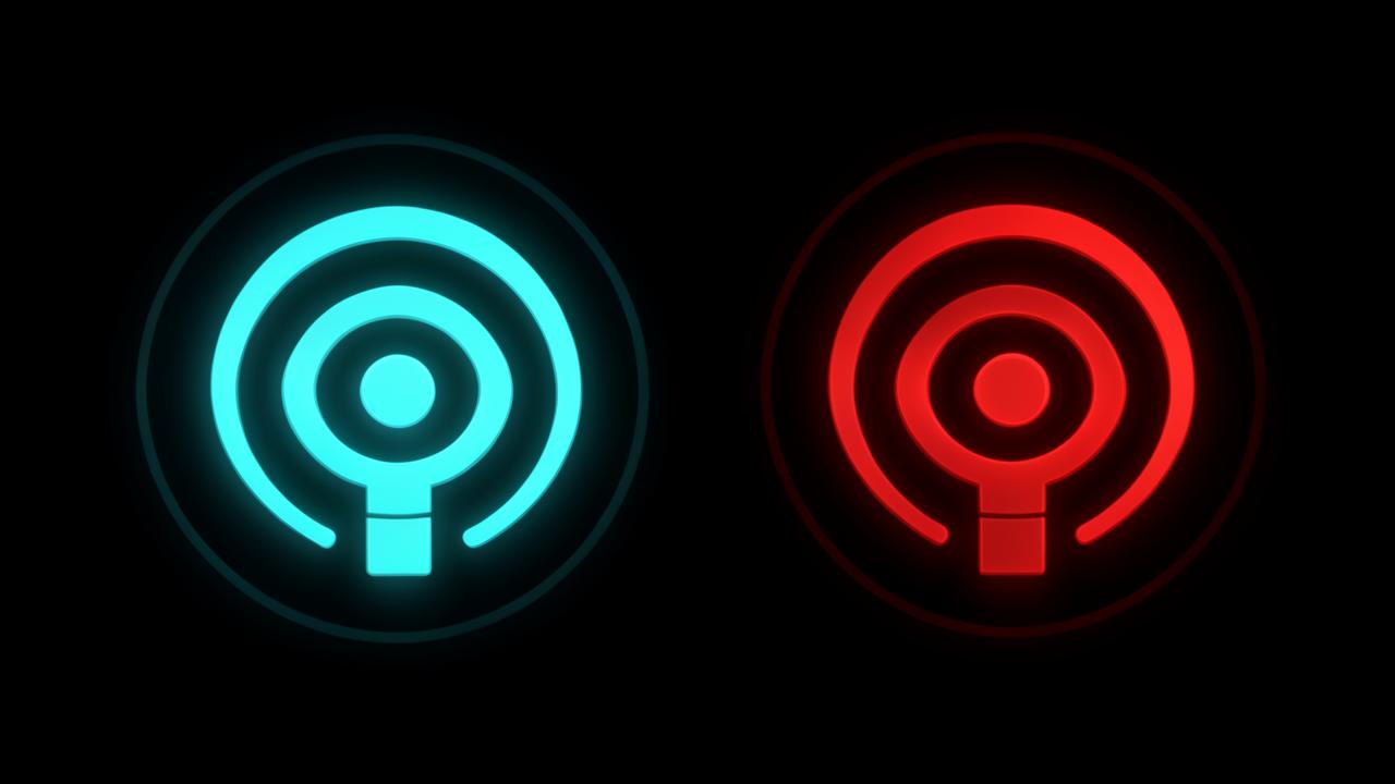 Two overlapping wireless access point icons on a dark grid, one genuine and one cloned, illustrating an evil twin hotspot on public WiFi