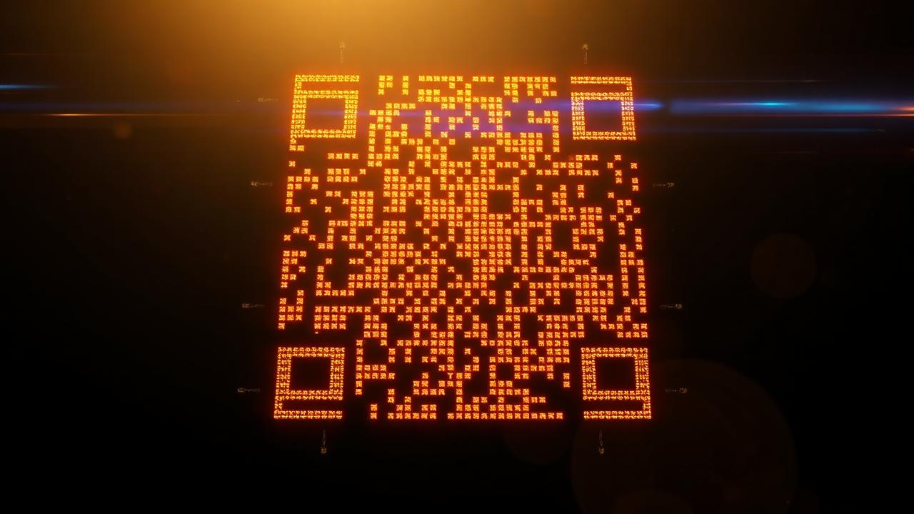 Large glowing golden QR code on a dark background with subtle digital patterns