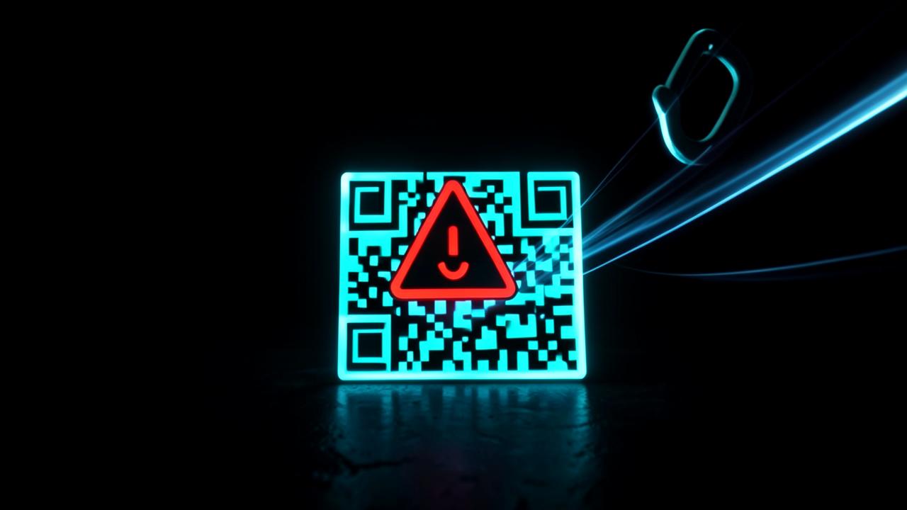 Dark parking meter sticker with a glowing malicious QR code peeling away, representing QR code scams in 2026