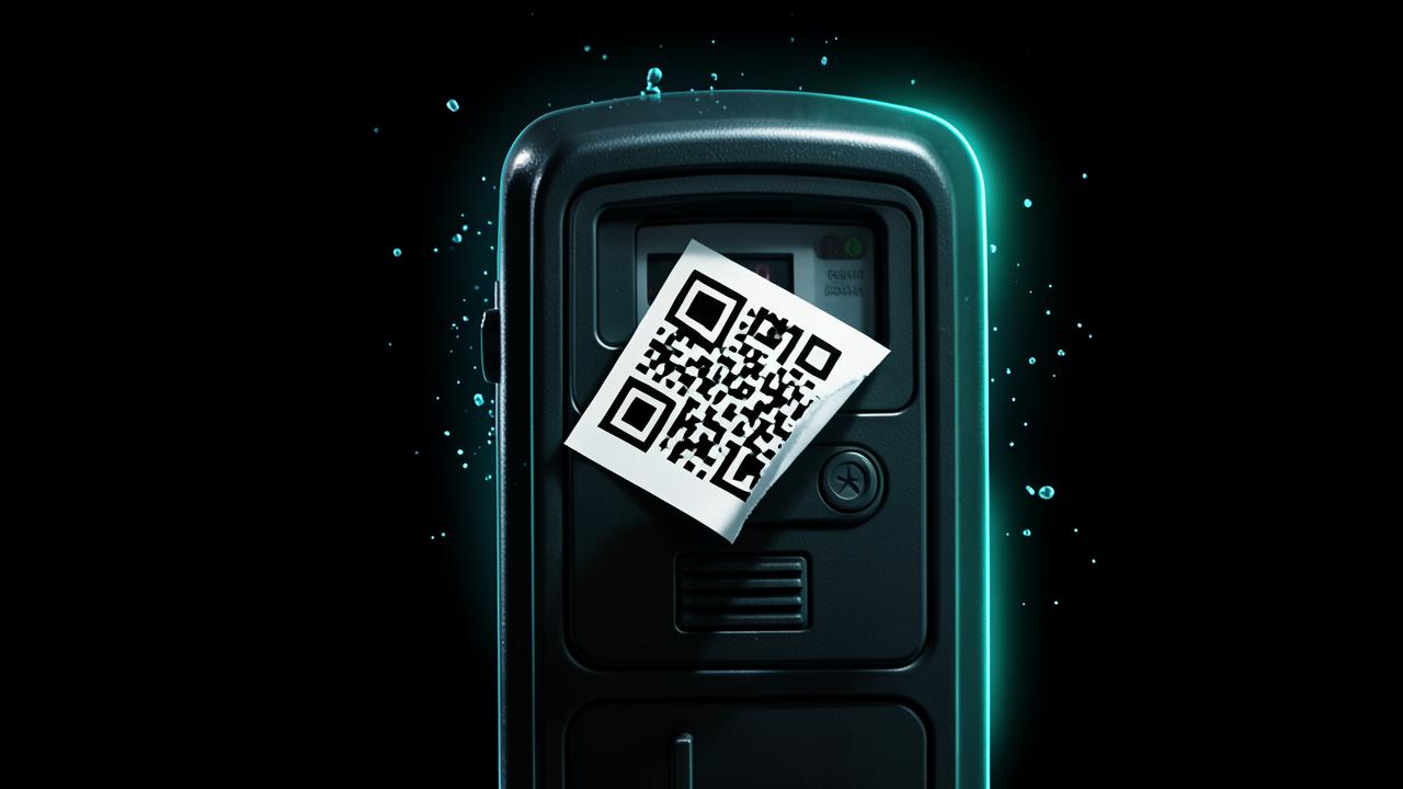 Side-by-side comparison of a genuine QR code and a fake QR code sticker under a glowing cyan magnifier, showing how to spot a fake QR code