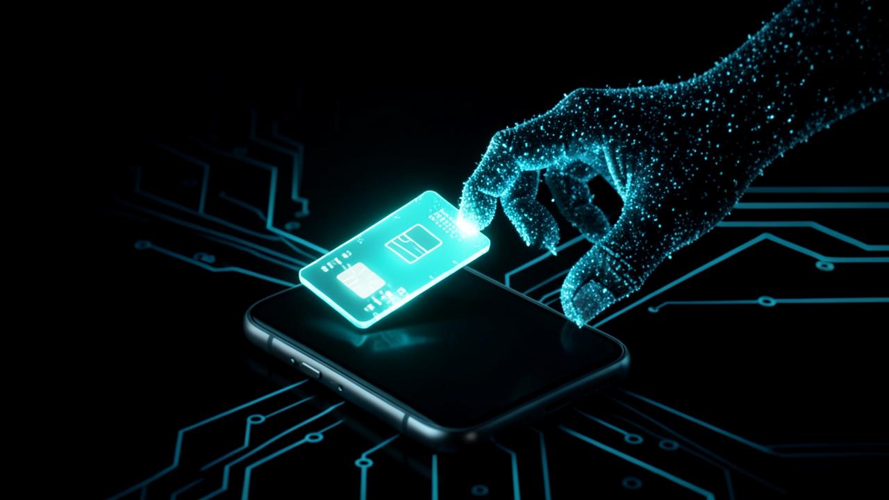 Glowing SIM card being lifted out of a phone by a shadowy hand on a dark cyan circuit background, representing SIM swap fraud hijacking a phone number