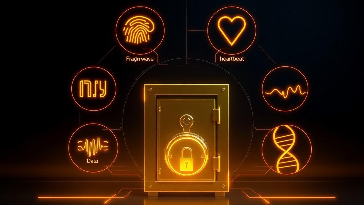 Glowing icons for fingerprint, brainwave, location, heartbeat and DNA around a locked golden data vault, representing expanded sensitive data categories