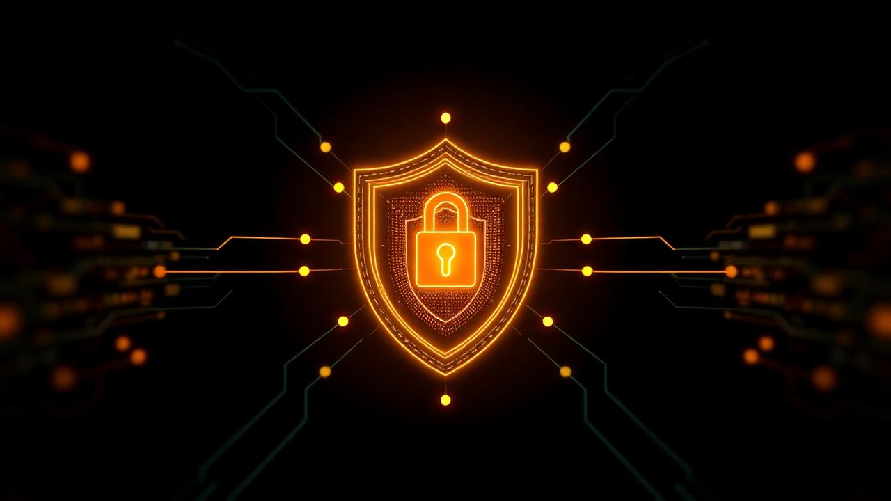 Glowing VPN shield with padlock and encrypted data streams