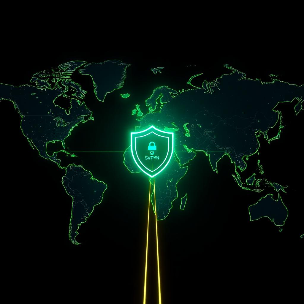 Glowing world map with a secure VPN tunnel line and shield icon on a dark background