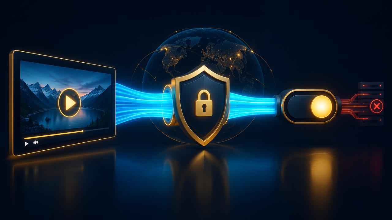 Video stream flowing through a shield to a kill switch toggle, representing a VPN for streaming with no throttling