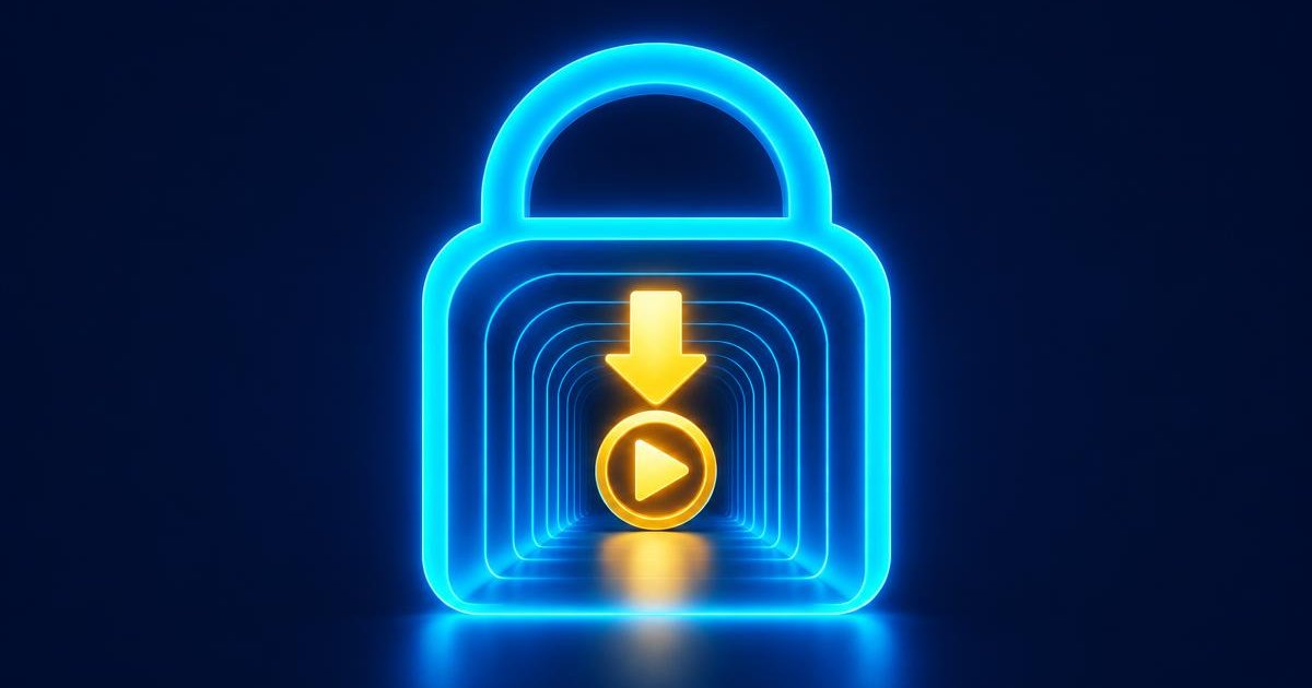 Thumbnail of a glowing padlock tunnel with download and play icons, for the best VPN for torrenting 2026 guide