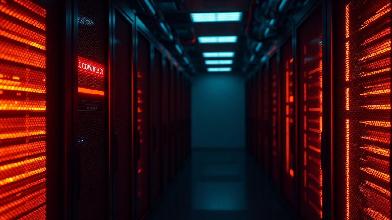 Server room with one rack glowing red indicating website downtime
