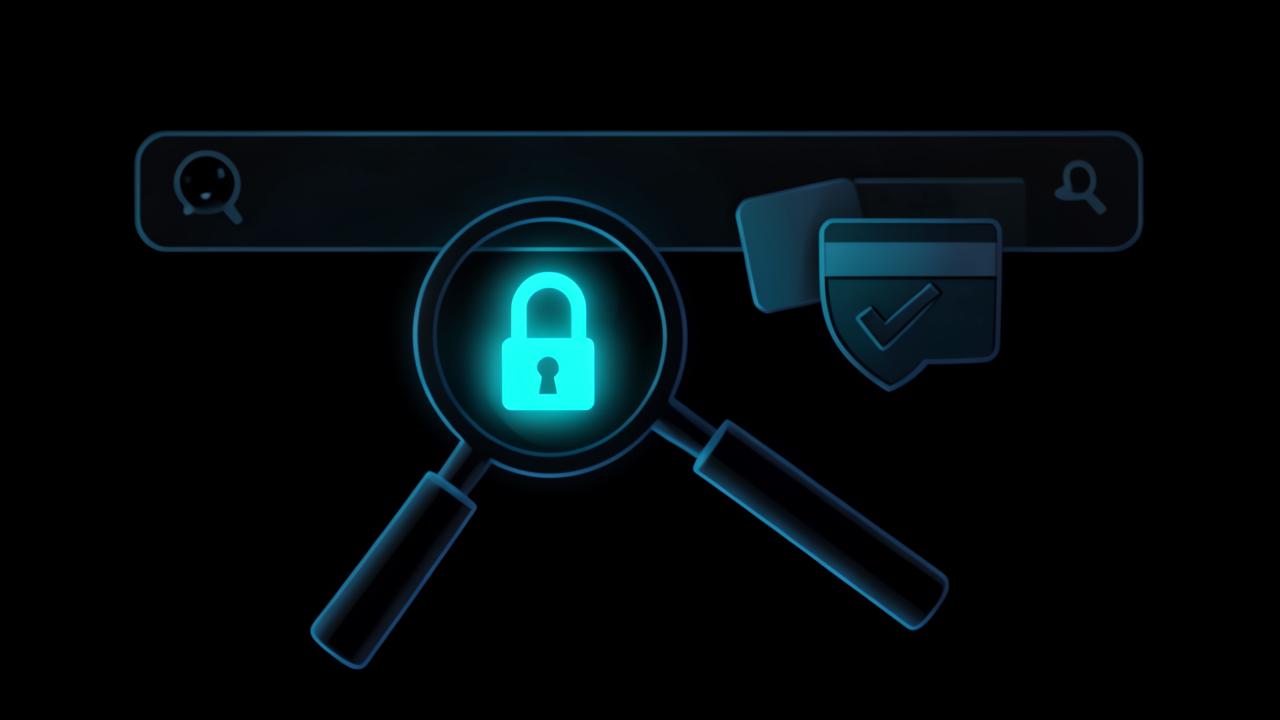 Glowing cyan magnifier inspecting a browser address bar and padlock on a dark background, representing how to tell if a website is legit