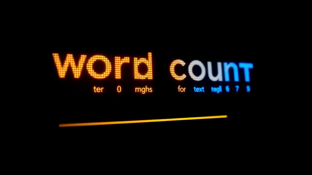Glowing text document with word count numbers and progress bar on a dark background