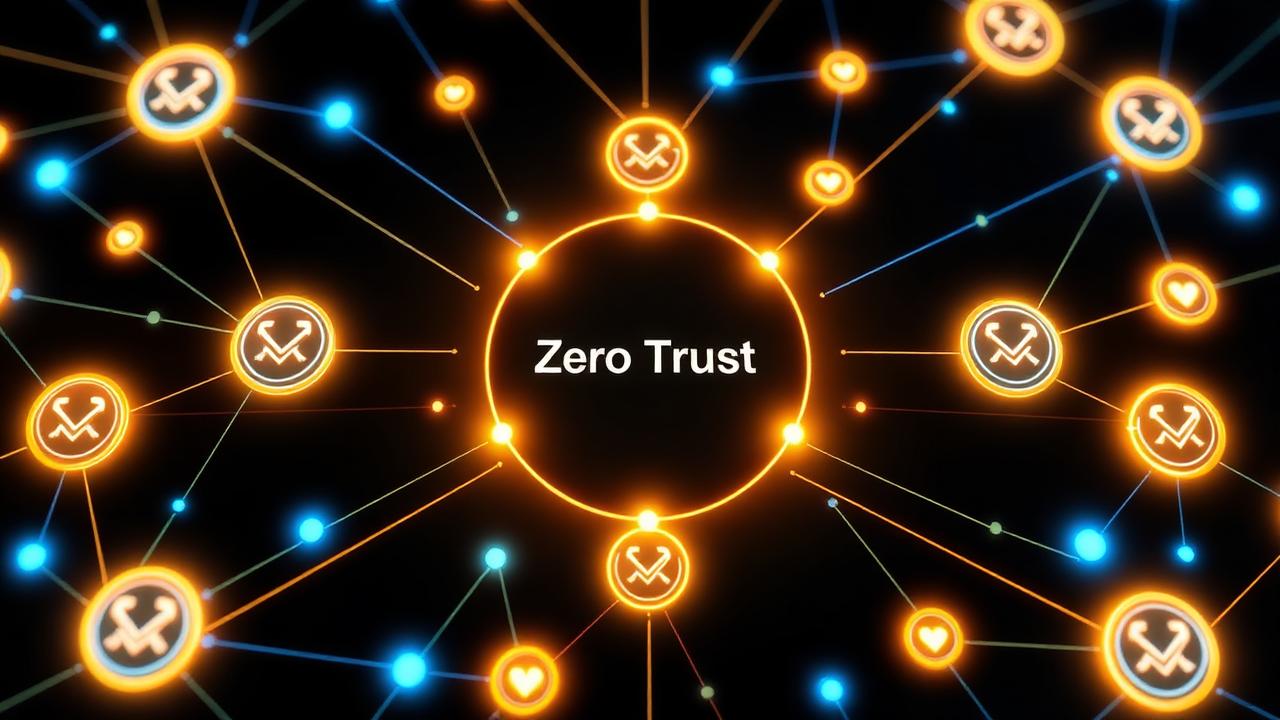 Glowing network diagram with verification checkpoints around a central Zero Trust label