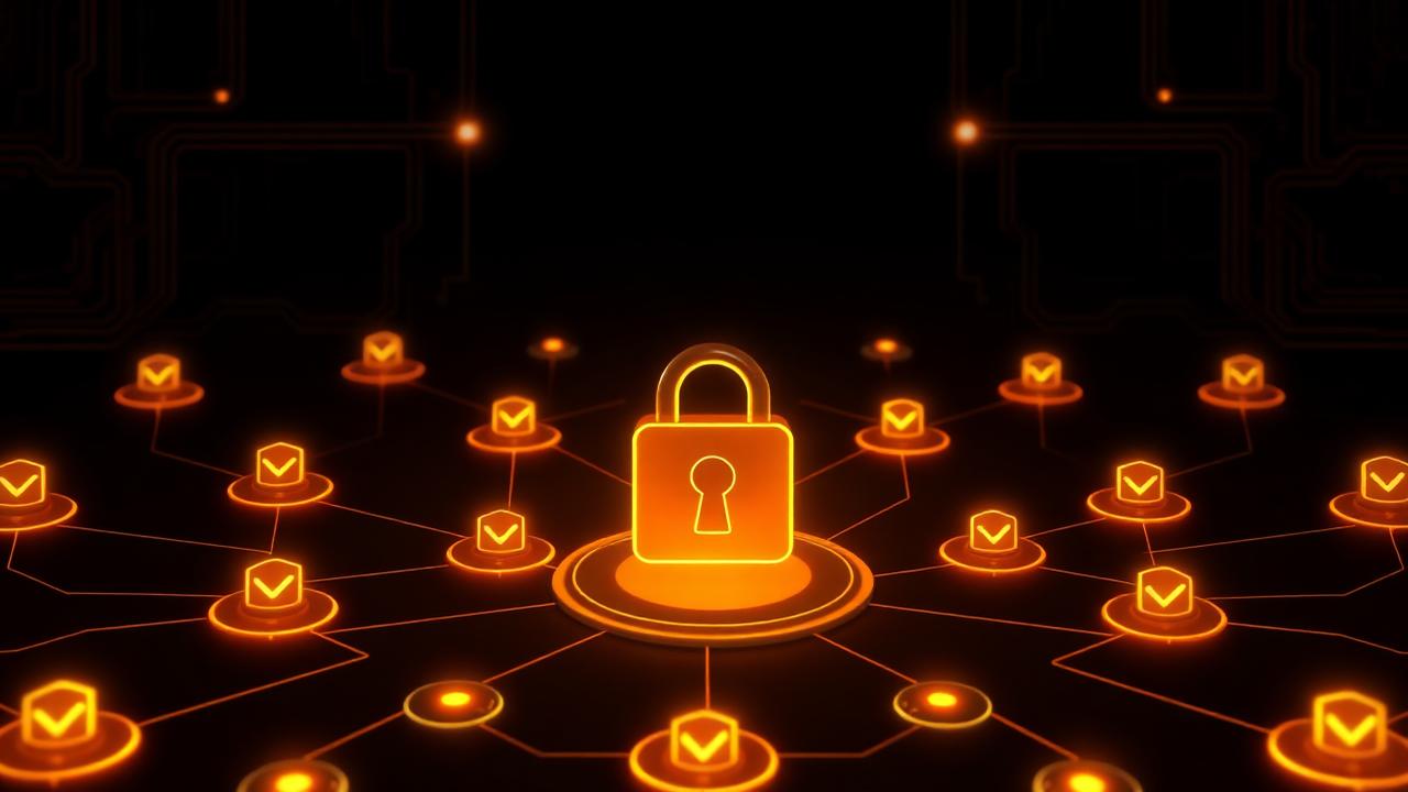 Glowing golden padlock at the centre of a network of verification checkpoint nodes, representing continuous verification in Zero Trust security